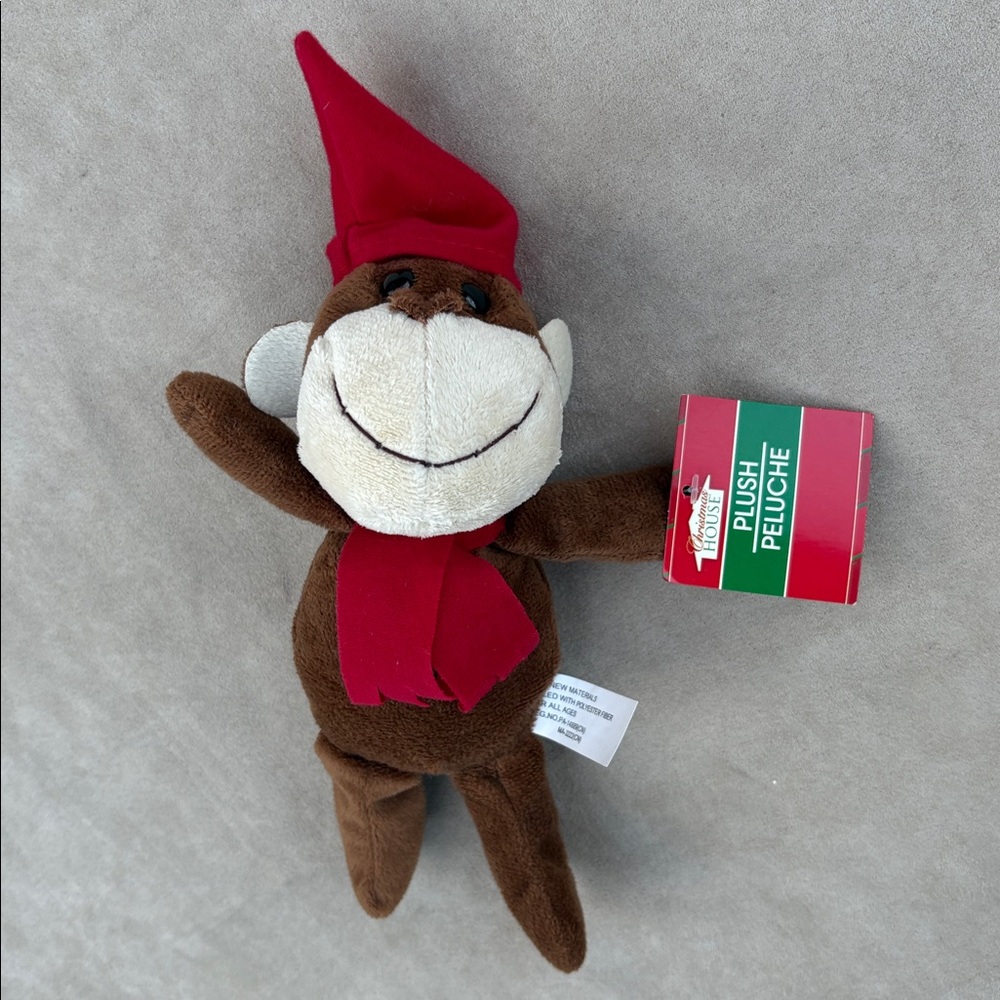 Greenbrier Curious George Christmas House Bear Plush 8" Red Hat Scarf Stuf Toy
